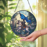 Knight on Horse Stained Glass Suncatcher, Round Medieval Warrior Window Panel with Blue Flag, Fantasy Castle Glass Art Decor